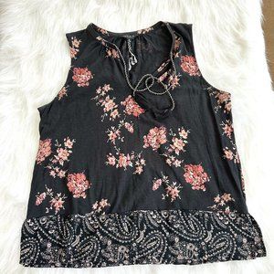 Lucky Brand Boho Tunic Top Sleeveless Tassel Black Pink Floral MEDIUM #7W63291